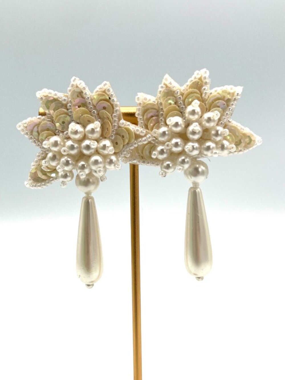 Vintage 80s - 90s Beaded Sequin Faux Pearl Drop Statement Earrings